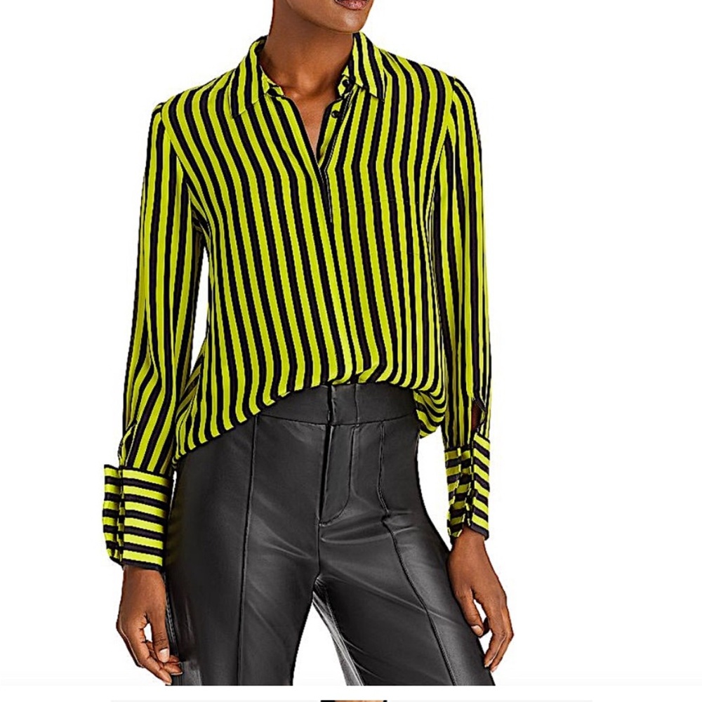 Alice & Olivia Willa Striped Silk French Cuff lime and black striped blouse
